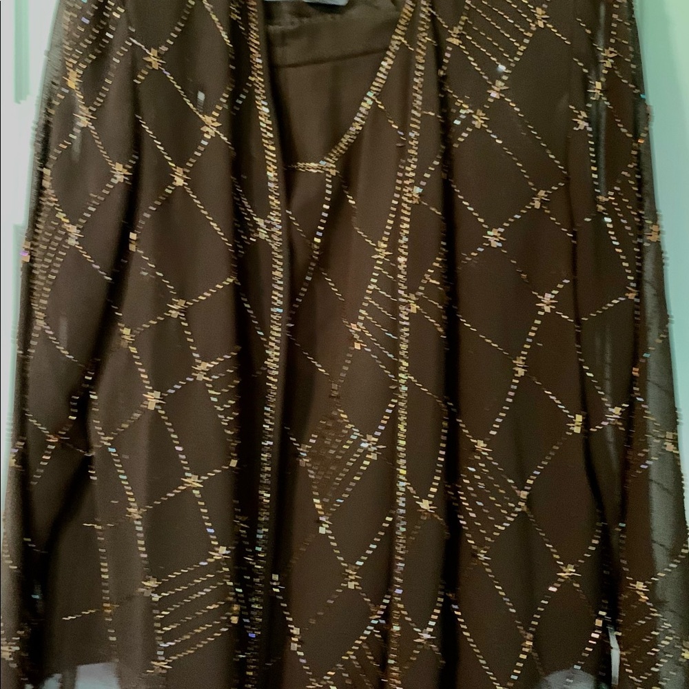 3-piece formal outfit beaded jacket & top with full silky pants.